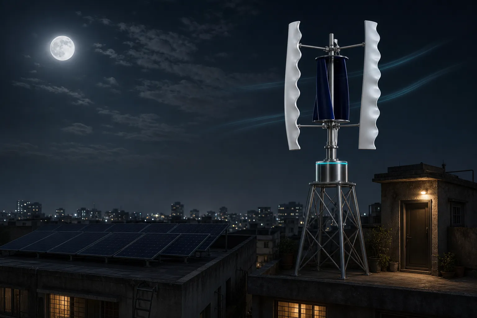 Split night scene: rooftop solar panels asleep in the dark while a GIVARA ONE wind turbine spins above a lit home.